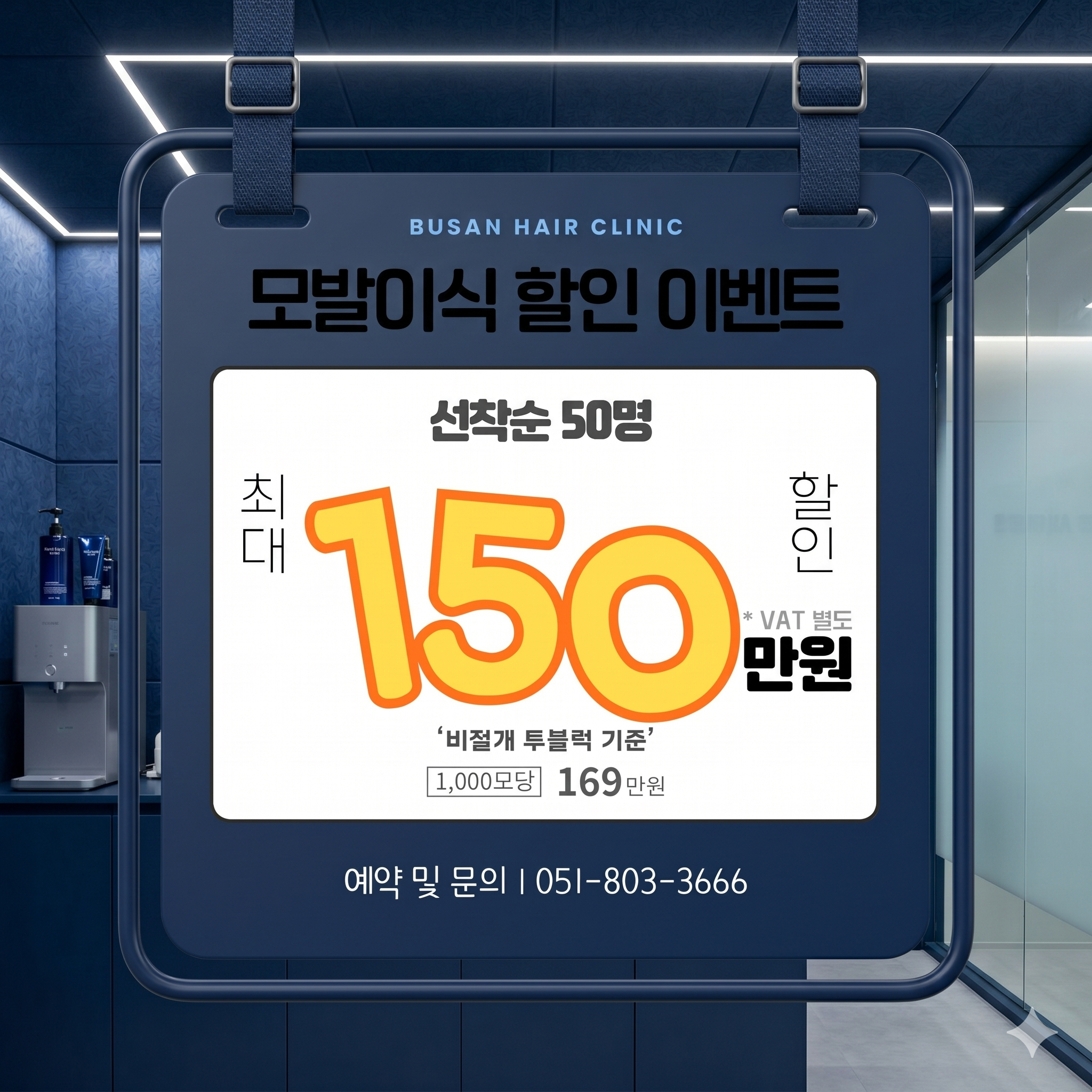 부산M자탈모치료법 중 하나인 모발이식 이벤트 안내문을 AI로 제작