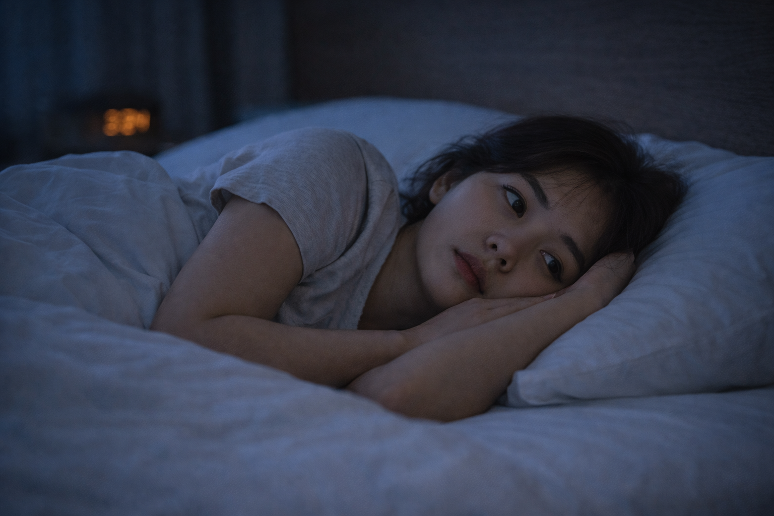 밤중에 잠에서 깨어 멍한 표정으로 누워 있는 30대 여성