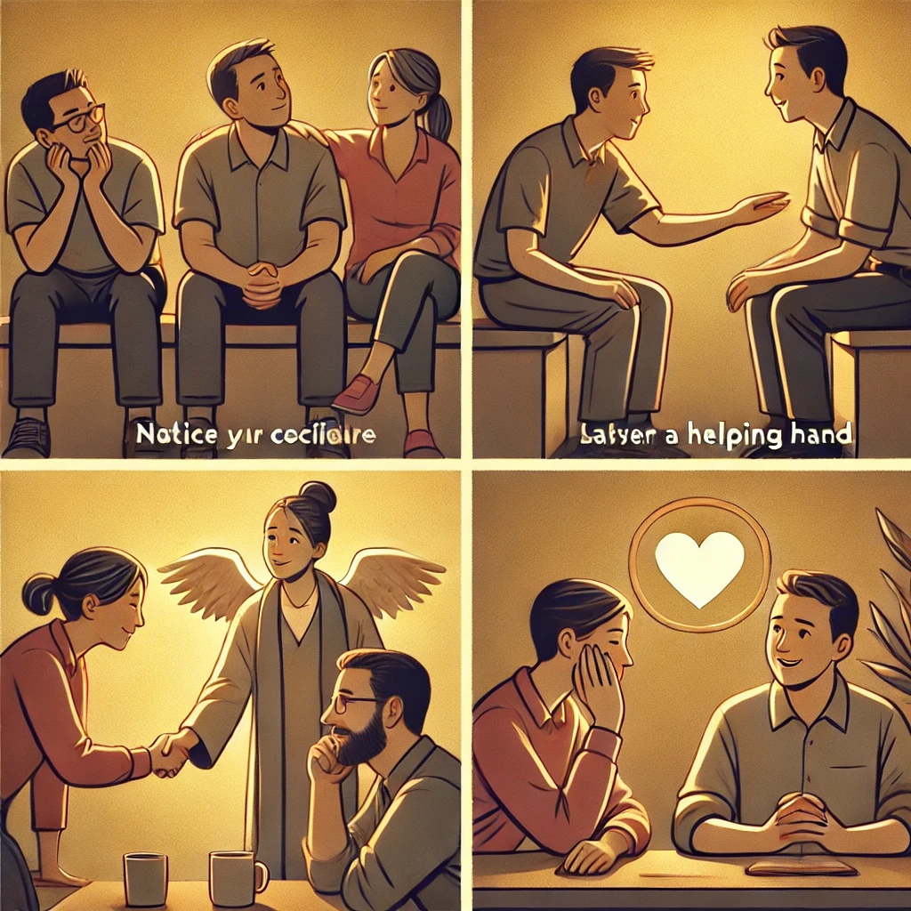 요한일서 4:19-20 말씀을 따라, 주변 동료들을 진정한 사랑으로 섬기고 그들의 필요를 채우며 사랑을 나타내는 모습이 담긴 이미지가 있습니다. 이 장면은 사랑이 단순한 감정이 아니라, 주변 사람들을 섬기고 배려하며 실천하는 삶 속에서 나타나는 것임을 강조합니다. 🙏✨💛