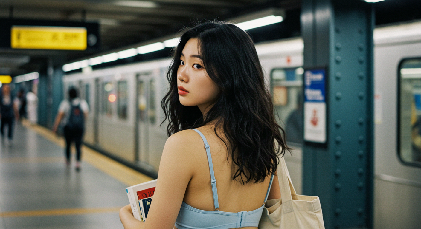 지하철을 이용하는 한국여성.