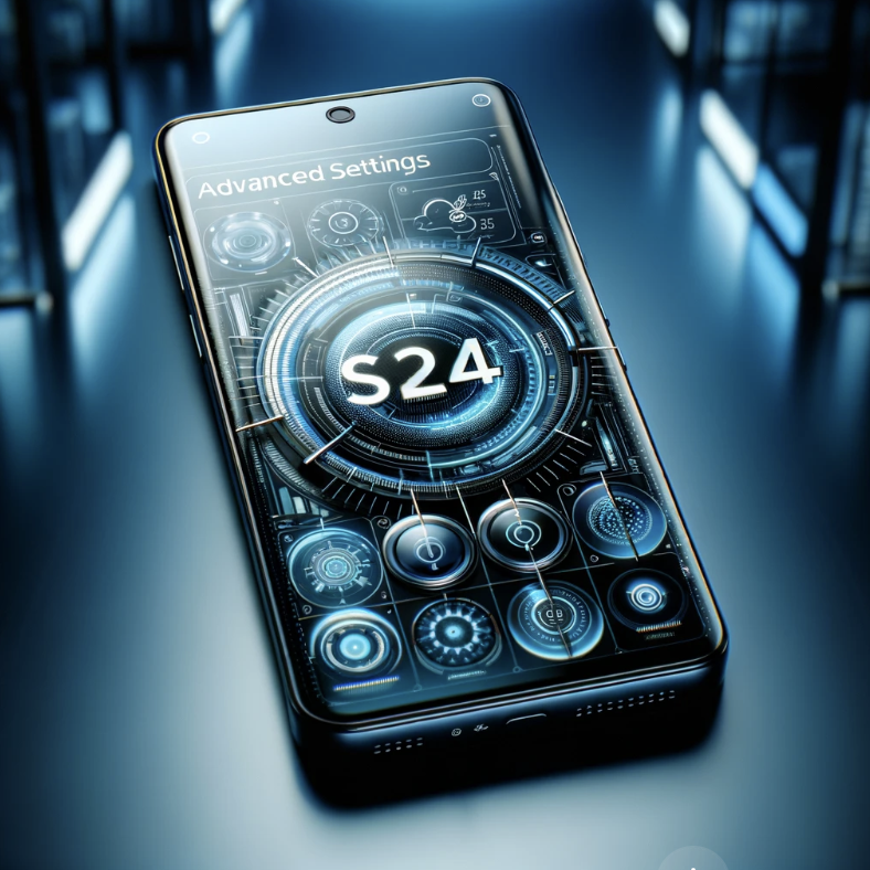 갤럭시 s24의 현대적이고 세련된 모습과 고급 설정을 강조하는 이미지