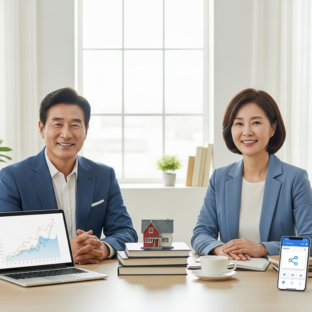 2025년, 중년 부부가 노트북과 다양한 수익원을 상징하는 물건들 앞에서 미소 짓고 있는 모습. 경제적 자유를 상징하는 든든한 연금 외 수익 파이프라인 구축을 의미합니다.