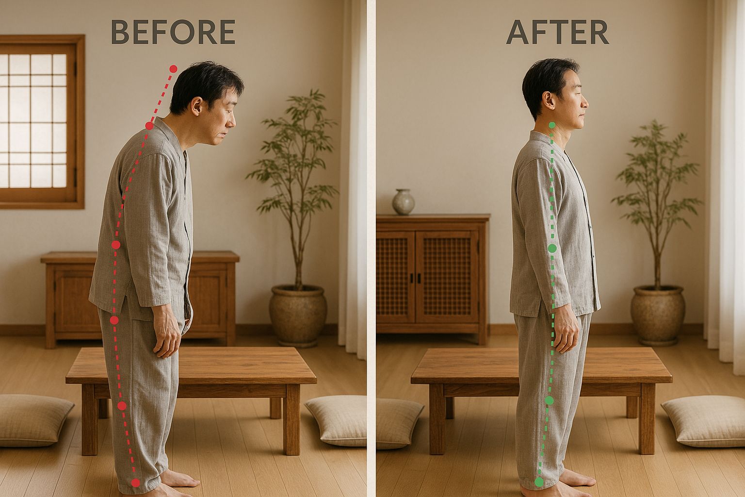 골반 교정 전후의 자세 변화를 보여주는 이미지