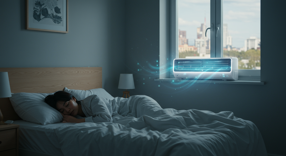창문형 에어컨 소음 문제 해결 후 숙면을 취하는 사람의 모습, 조용한 여름 밤, 저소음 에어컨의 편안함.