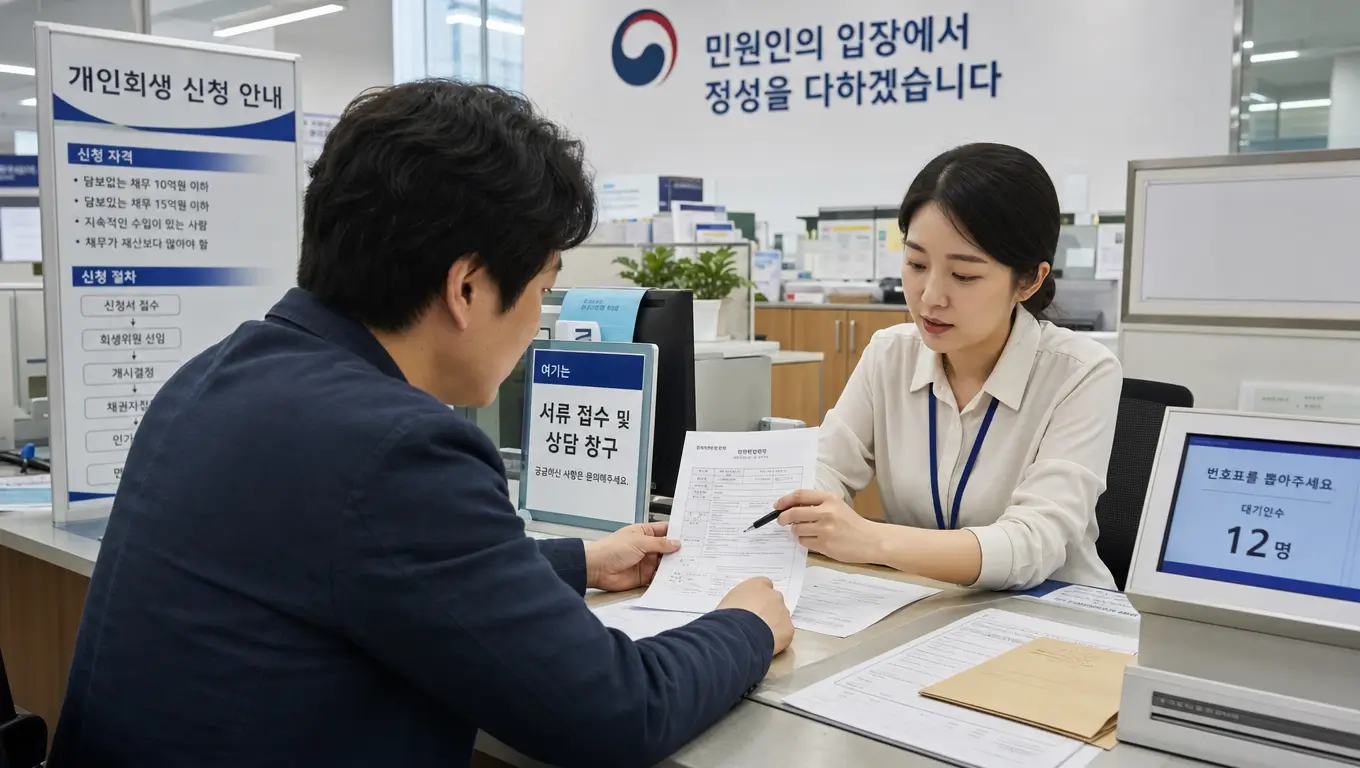 개인회생대출 신청 및 법원 인가 결정 자격 요건 확인을 위해 한국의 행정 관공서 창구에서 서류를 대조하는 자영업자 대표