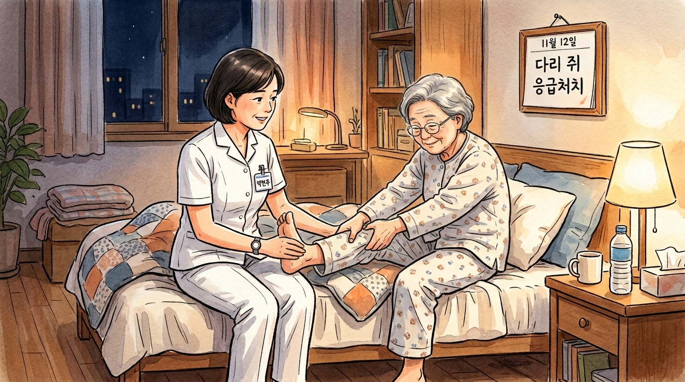 간호사가 밤에 다리에 쥐가 나서 다리를 붙잡고 고통스러워하는 환자에게 스트레칭 방법을 차분하게 설명하며 도와주는 모습.