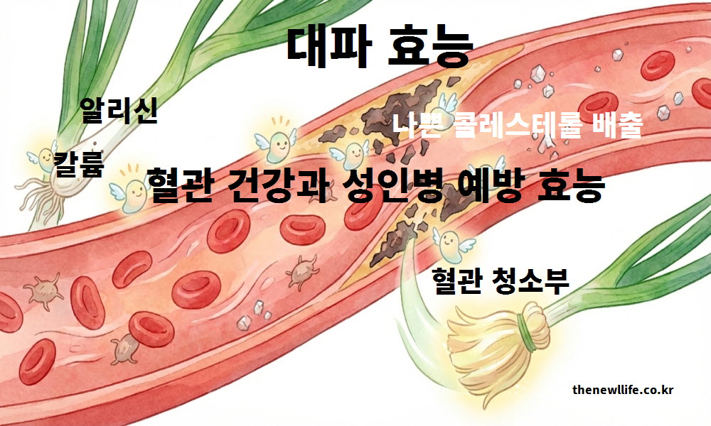 대파 효능이 혈관 노폐물을 청소하고 성인병 예방을 돕는 혈액 순환 과정을 설명하는 인공 이미지