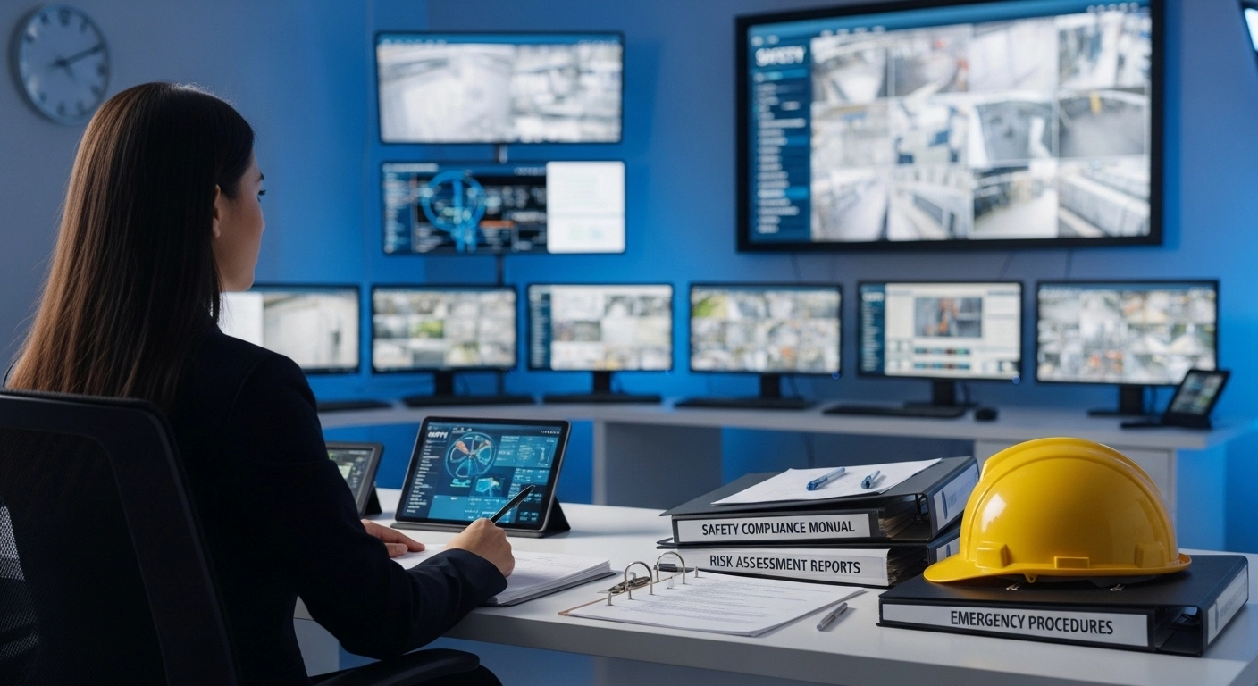 경영진이 최신 산업 현장 관제실에서 실시간 안전 데이터와 위험성평가 자료를 분석하며 2026년 관리감독자 서류 및 법적 의무를 검토하는 모습.