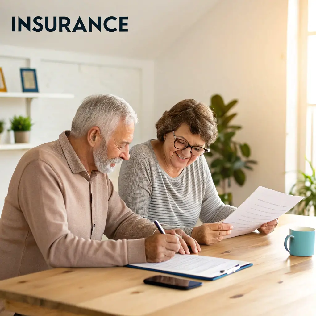 시니어 부부가 보험 문서를 함께 검토하는 모습을 담은 따뜻한 톤의 일러스트