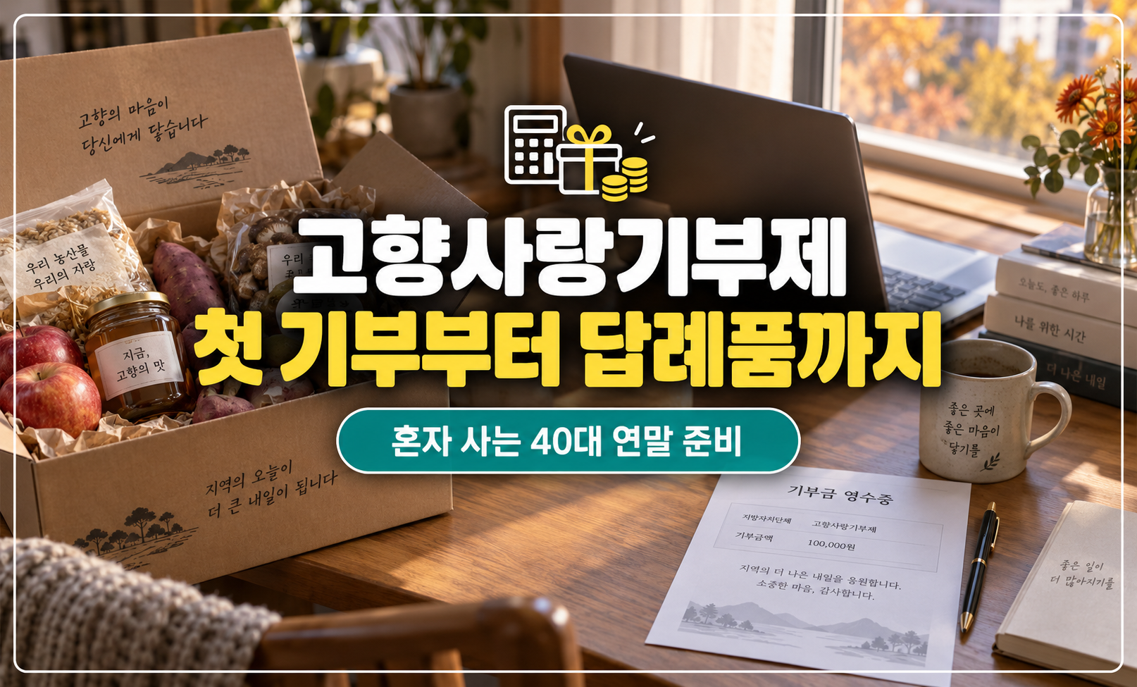 고향 특산품 상자와 기부금 영수증이 놓인 책상