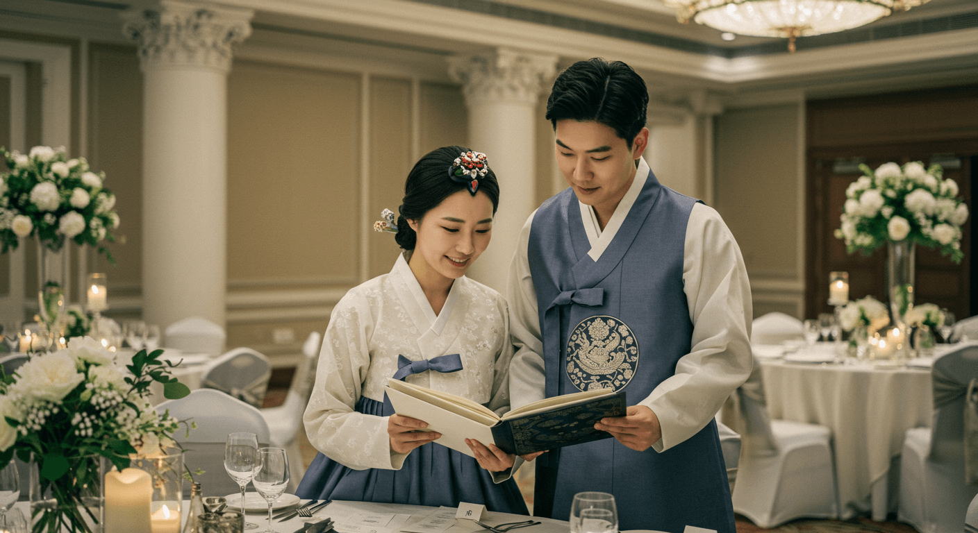 한국 신랑신부가 웨딩홀 메뉴를 확인하는 장면 2