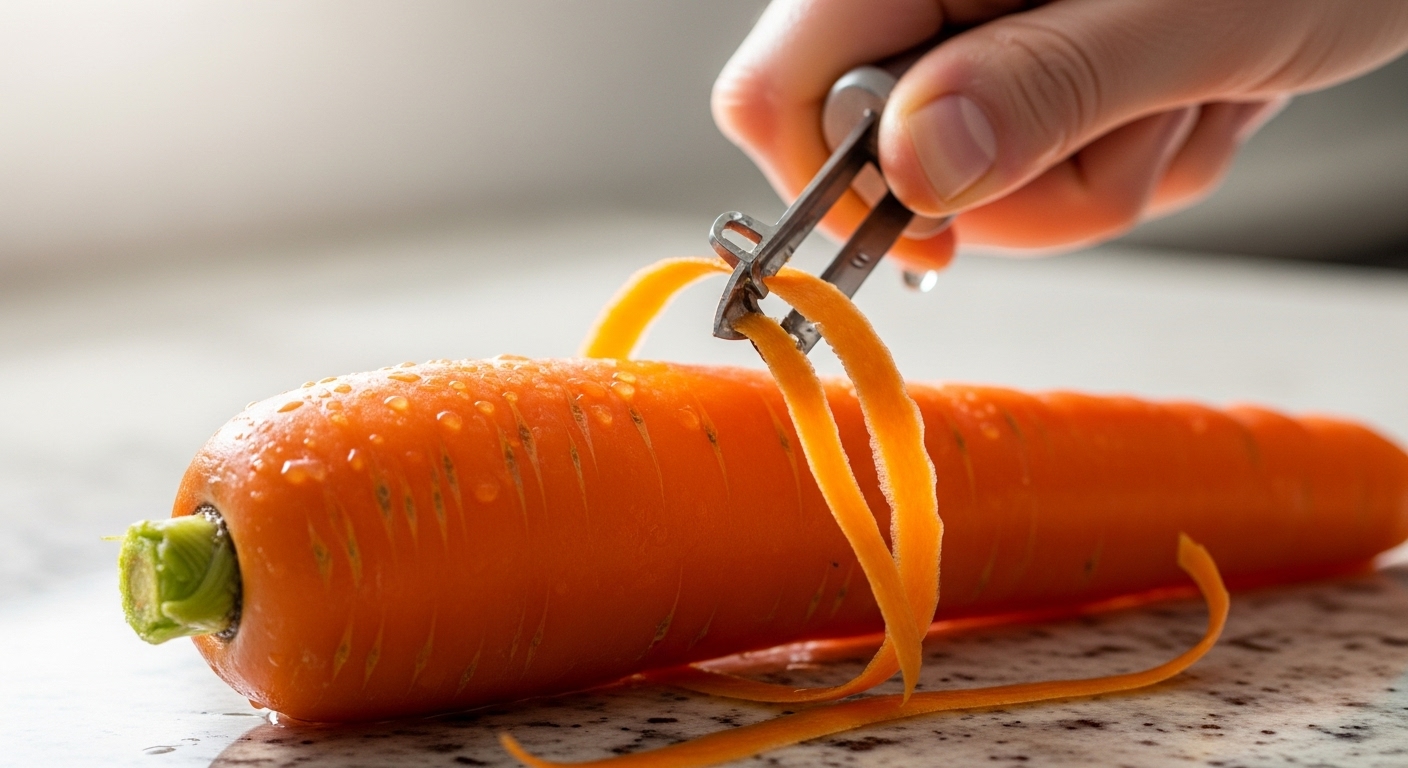 신선한 당근을 손으로 직접 껍질 벗기는 모습, 당근의 밝은 주황색이 돋보임.