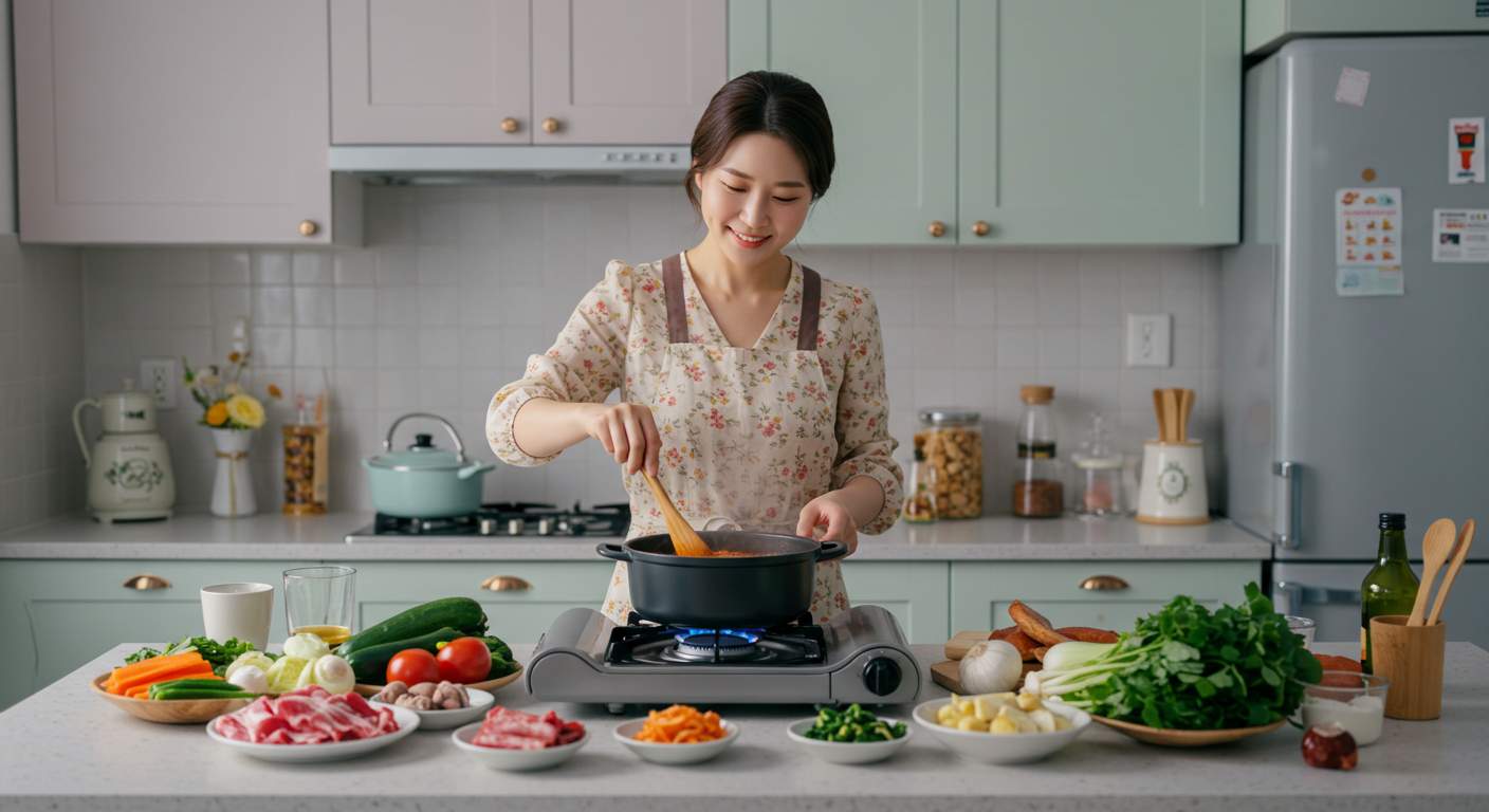 아이를 위해서 요리를 하는 어머니