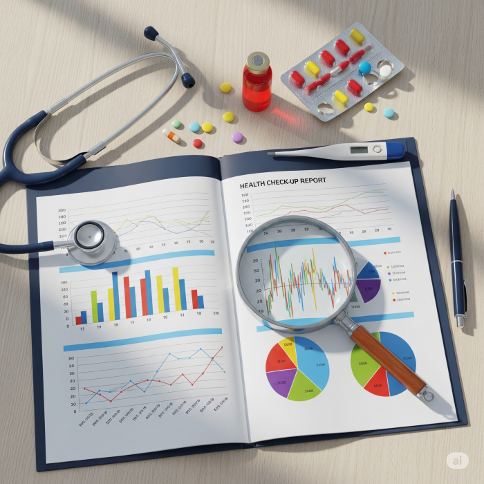 다채로운 그래프와 차트가 그려진 건강검진 결과표를 돋보기로 확대하여 자세히 살펴보고 있는 이미지.