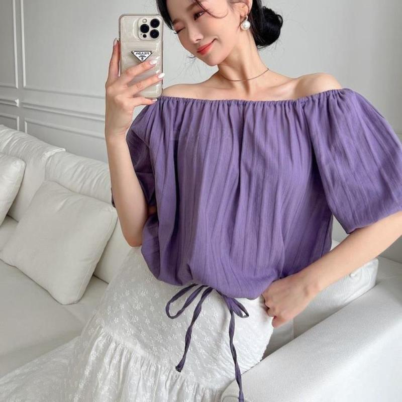 여자 여름 오픈숄더 자가드 반팔 블라우스