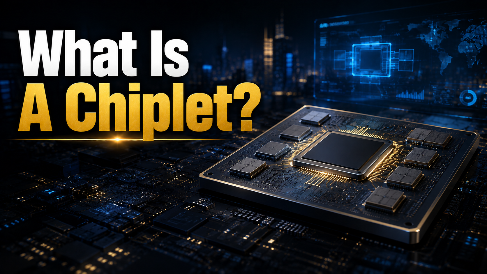 Illustration of a modern chiplet processor featuring multiple interconnected semiconductor dies inside a single advanced package.