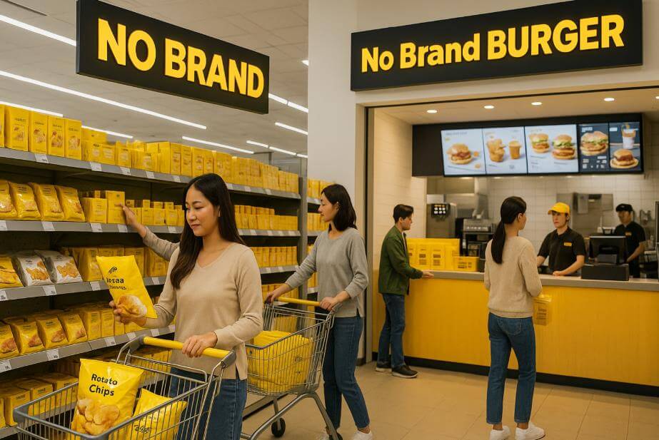 노브랜드 매장과 버거 매장에서 고객이 쇼핑하는 장면