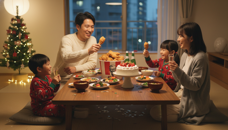 아늑한 일본 가정집에서 크리스마스 이브를 즐기는 가족의 모습. 테이블 위에는 KFC 치킨과 예쁘게 장식된 크리스마스 케이크가 놓여 있습니다.