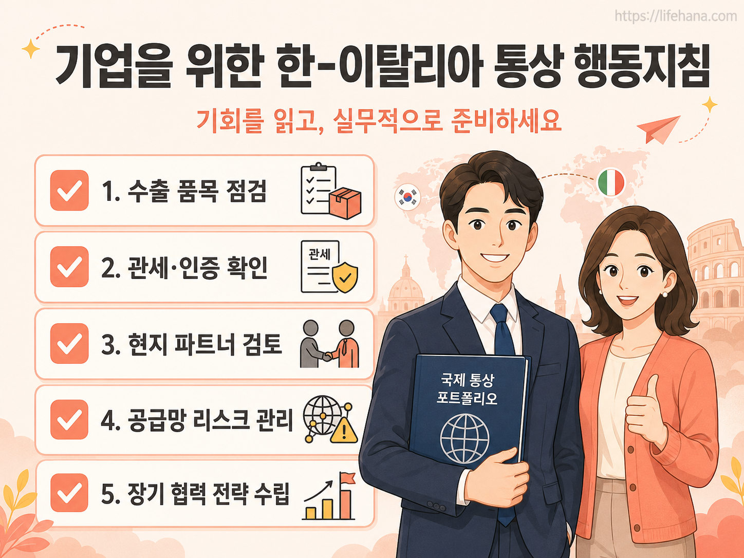 고위급 정례 실무 회의 일정과 한-이탈리아 행동계획 추진 현황을 모니터링하는 비즈니스 전용 가이드 카드