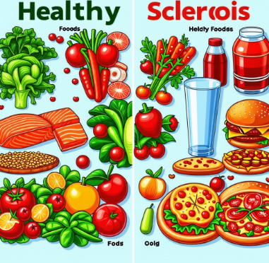다발성 경화증에 좋은 음식과 나쁜 음식을 비교한 일러스트. 왼쪽에는 연어, 채소, 과일, 통곡물 등 건강에 좋은 음식들이, 오른쪽에는 햄버거, 피자, 탄산음료 등 피해야 할 음식들이 그려져 있음.