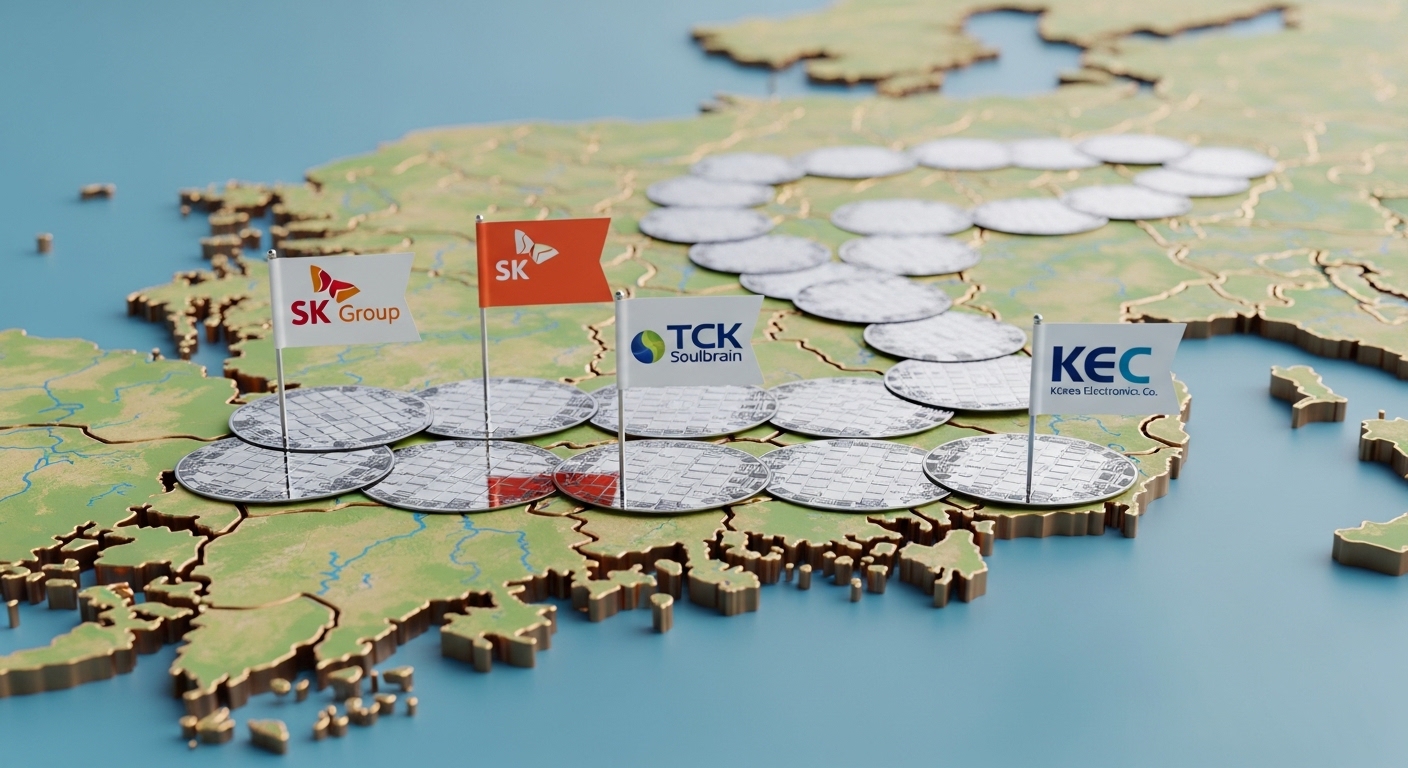 Map of South Korea with flags bearing the logos of SK, TCK, and KEC planted, and semiconductor wafers connected like a road.