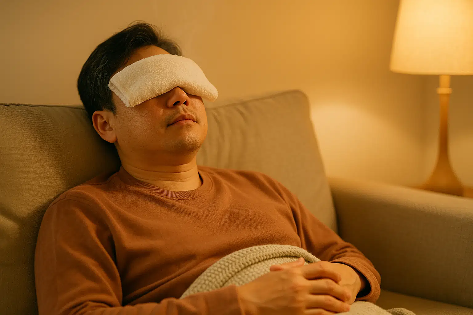 따뜻한 수건을 눈 위에 올려놓고 편안히 휴식하는 한국인 남성, 소파에 앉아 있는 장면