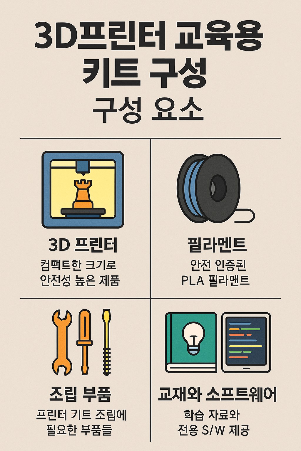 3D 프린터 교육용 키트 구성 요소: 소형 프린터, PLA 필라멘트, 예제 모델 파일, 수업 가이드북