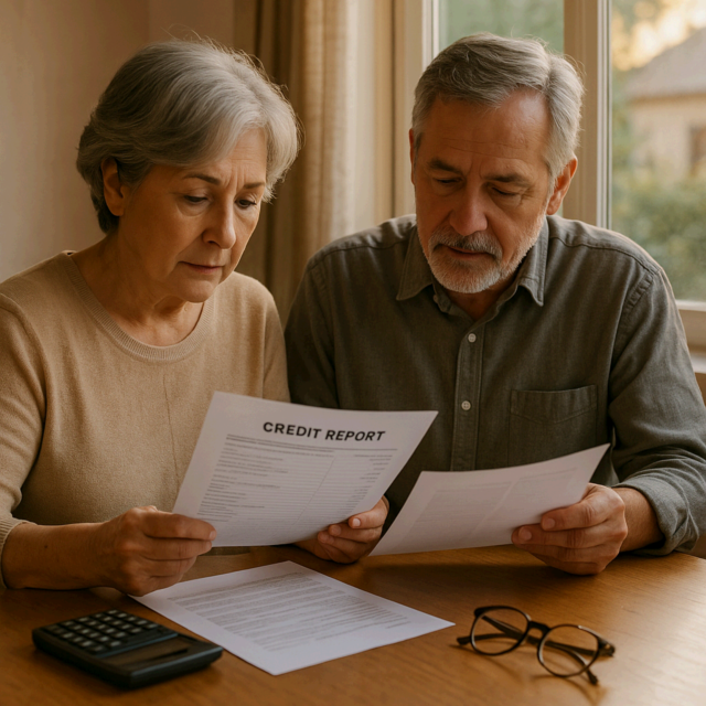 신용보고서를 검토하는 60대 부부와 계산기