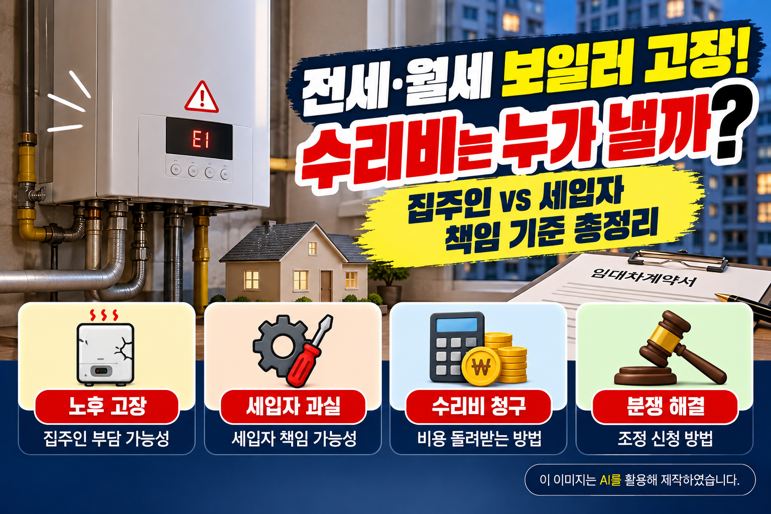전세·월세 주택의 보일러 고장 시 수리비 부담 주체를 설명하는 이미지로, 보일러 노후 고장에 따른 집주인의 수선 의무, 세입자 과실에 따른 책임, 수리비 청구 방법 및 주택임대차 분쟁 해결 절차를 안내하는 이미지