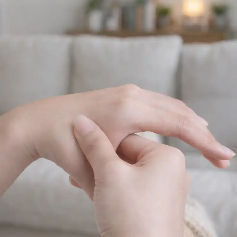 합곡혈 지압하는 손 모습, 집에서 두통 완화를 위해 손 지압하는 장면