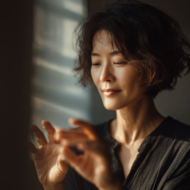 기상 후 손가락 운동하는 여성