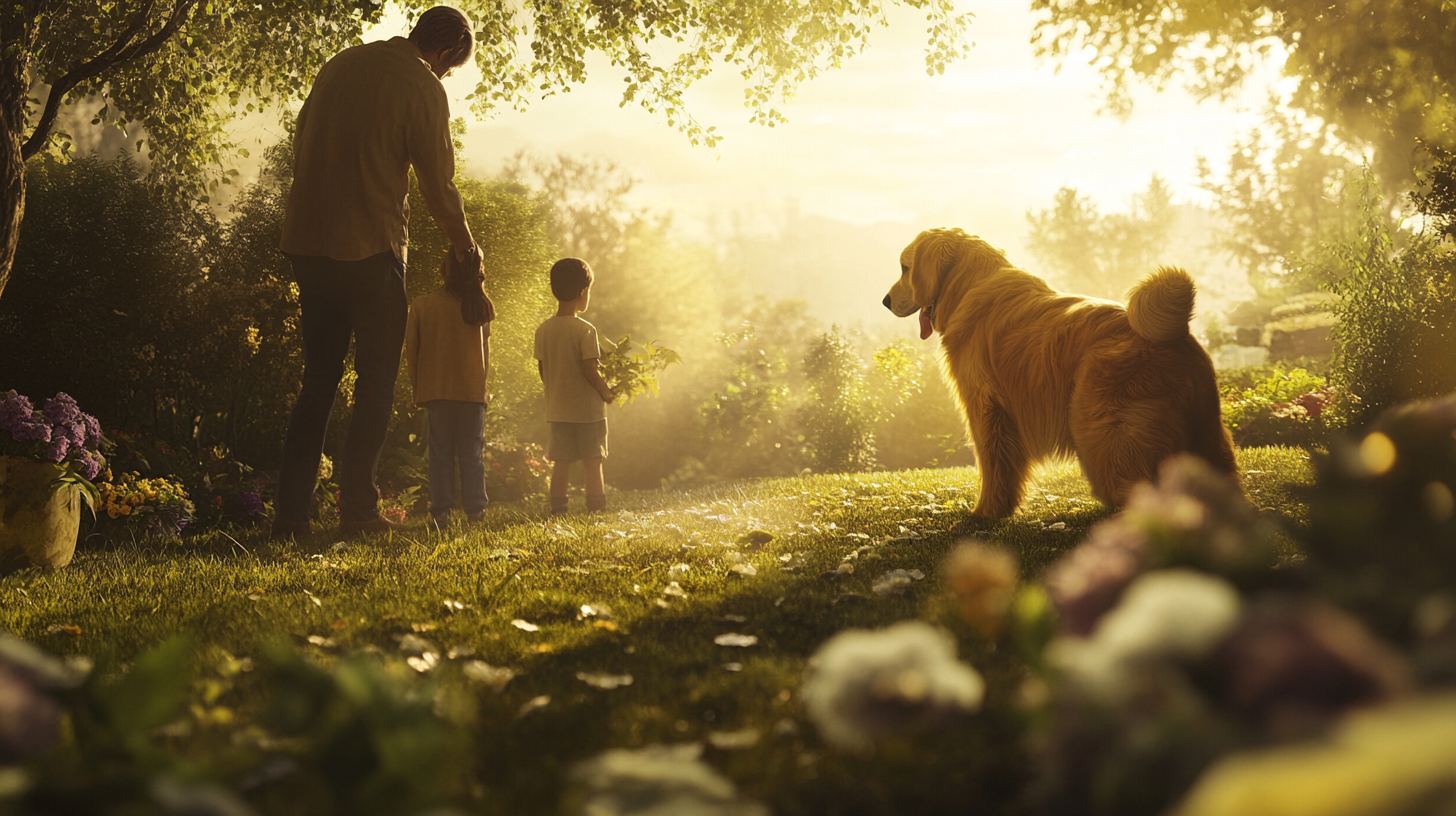 가족들이 무지개 다리를 건넌 반려동물을 애도를 하는 장면