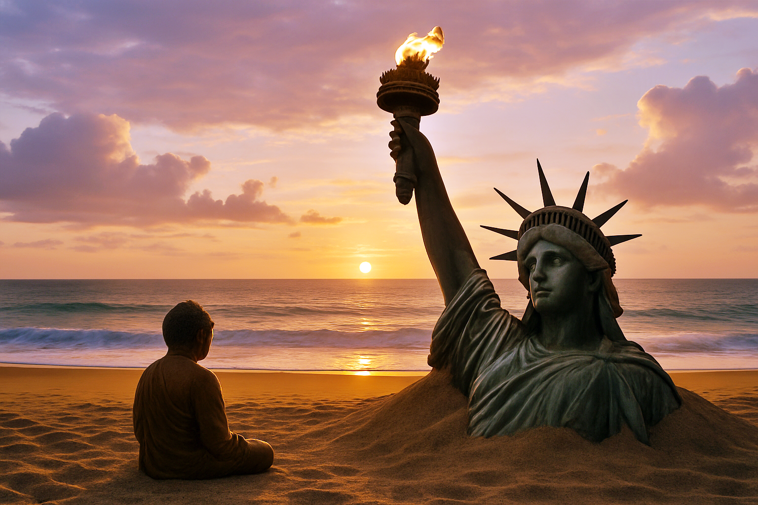 해변에 자유의 여신상이 파묻혀 머리와 팔만 보이고 그 앞에 부처님이 앉아있는 장면