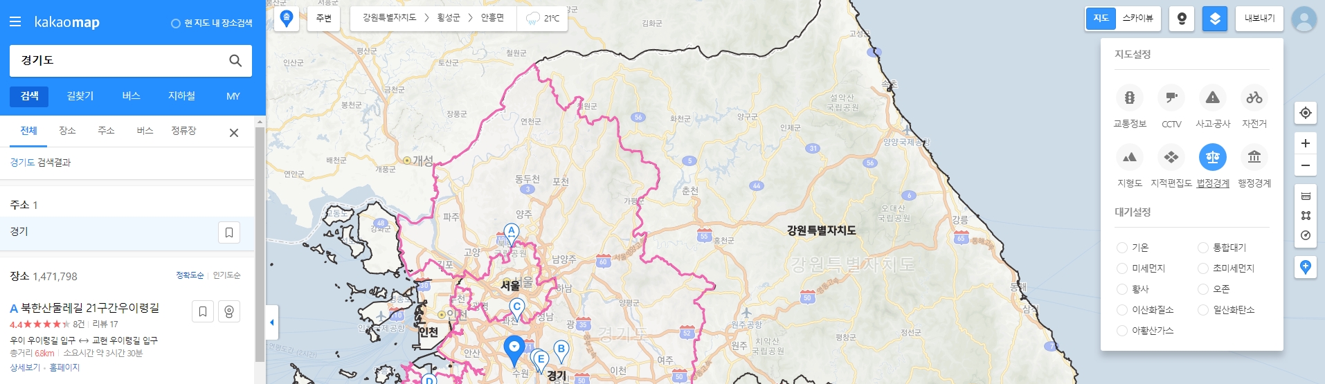 법정경계와 행정경계가 모두 표시된 경기도 지도