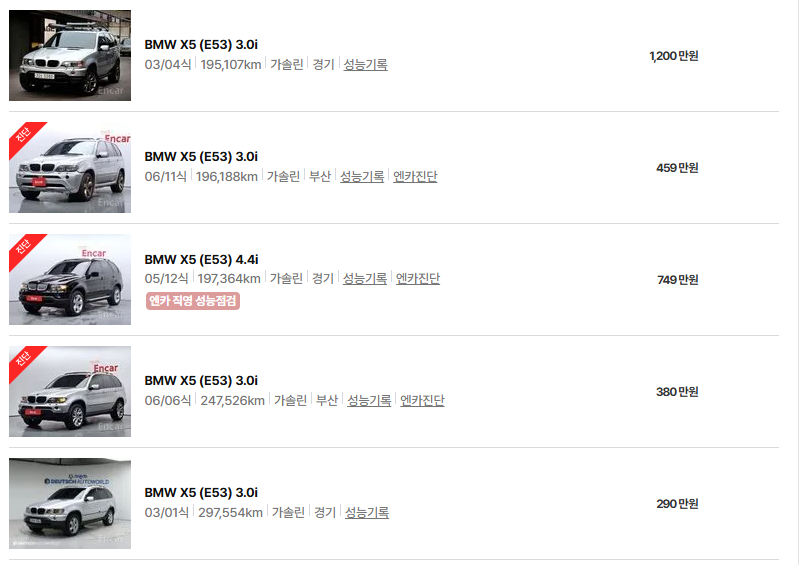 BMW X5 중고차 가격 시세표 고속 시내 연비