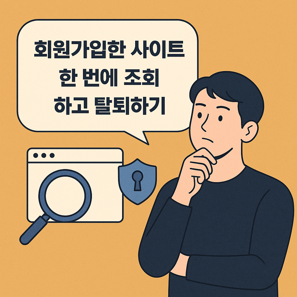따뜻한 오렌지 배경 속, ‘가입한 사이트 한 번에 확인하고 탈퇴하기’라는 말풍선을 바라보는 남성 일러스트. 웹 브라우저, 돋보기, 보안 아이콘이 함께 배치되어 개인정보 조회와 관리 기능을 시각적으로 표현함.