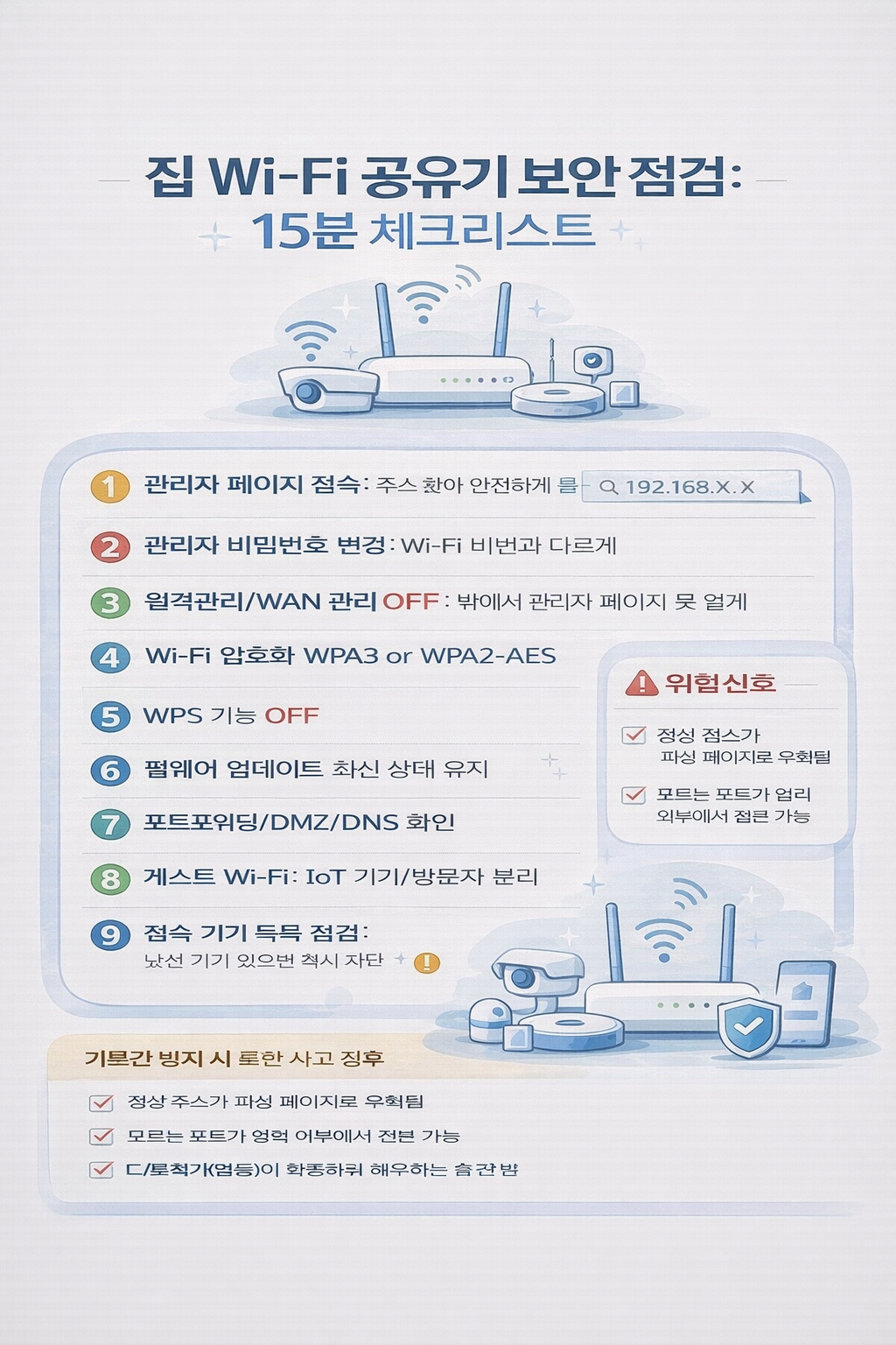집 Wi-Fi 공유기 보안 점검(관리자 비번·암호화·펌웨어)