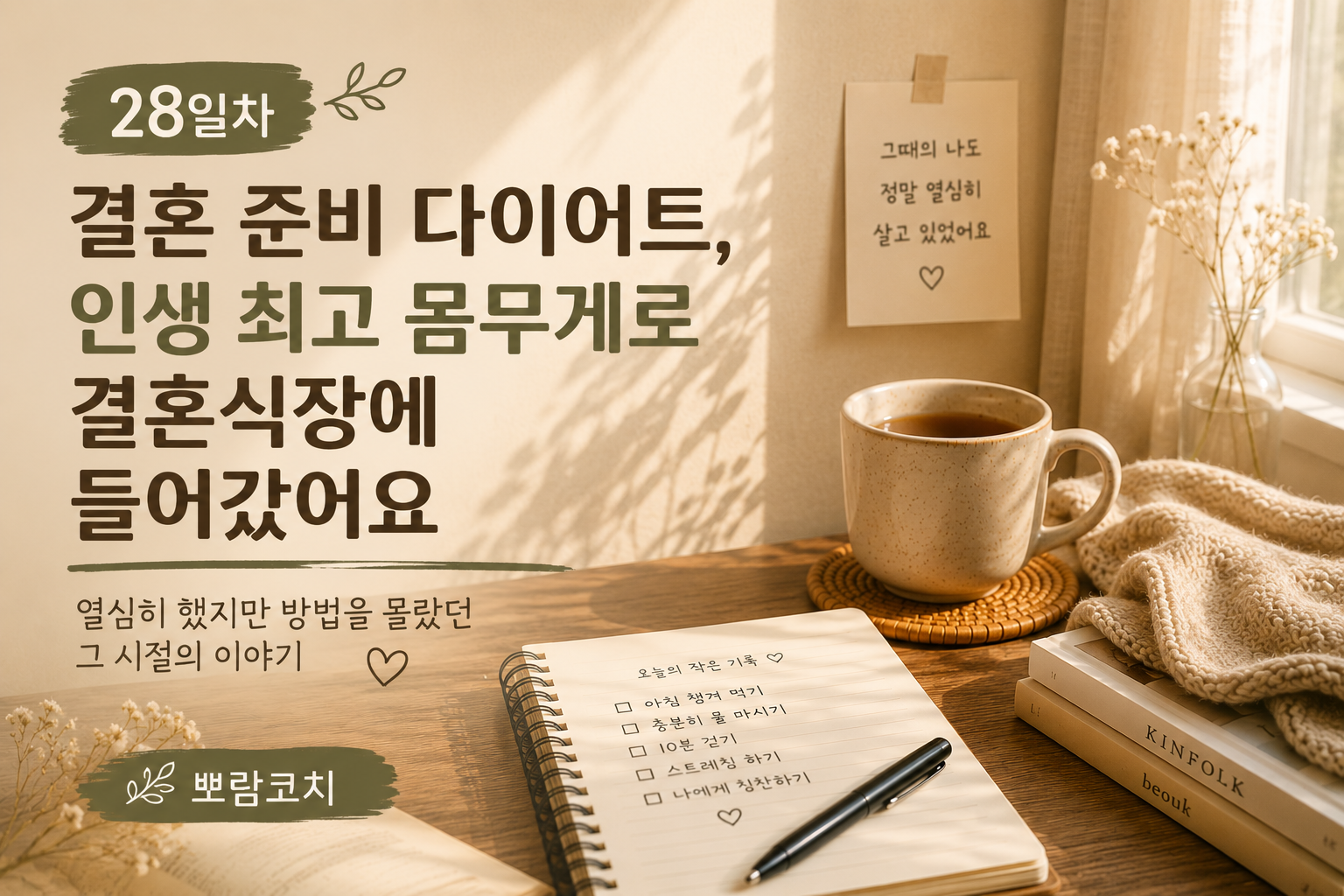 결혼을 준비하며 무리한 다이어트와 불규칙한 생활습관으로 힘들었던 시간을 떠올리는 따뜻한 감성 이미지