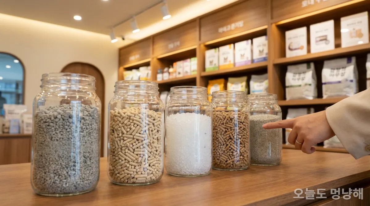 자동 화장실에 적합한 벤토나이트 모래를 가리키는 손과 다양한 고양이 모래 종류