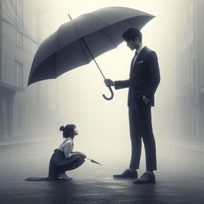 움츠린 여성에게 커다란 우산을 씌워주는 키다리아저씨 이미지