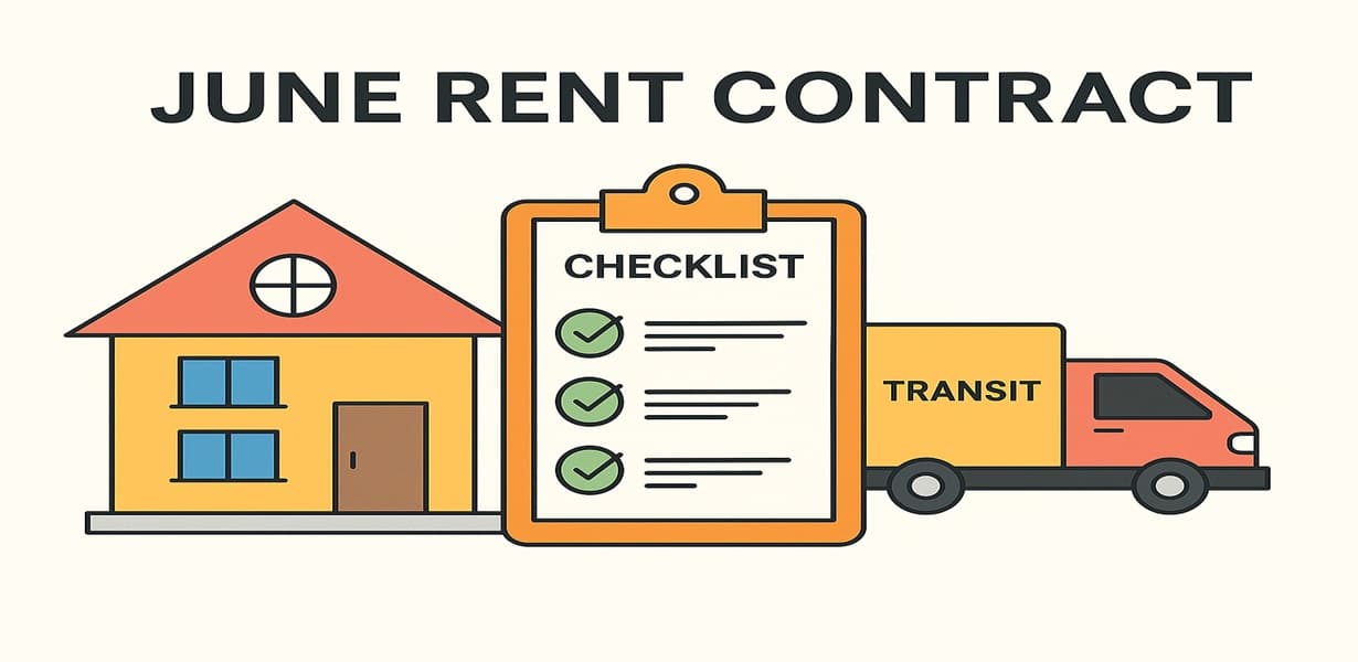 체크리스트와 이삿짐 트럭, 전원주택이 포함된 전월세 계약 시각자료