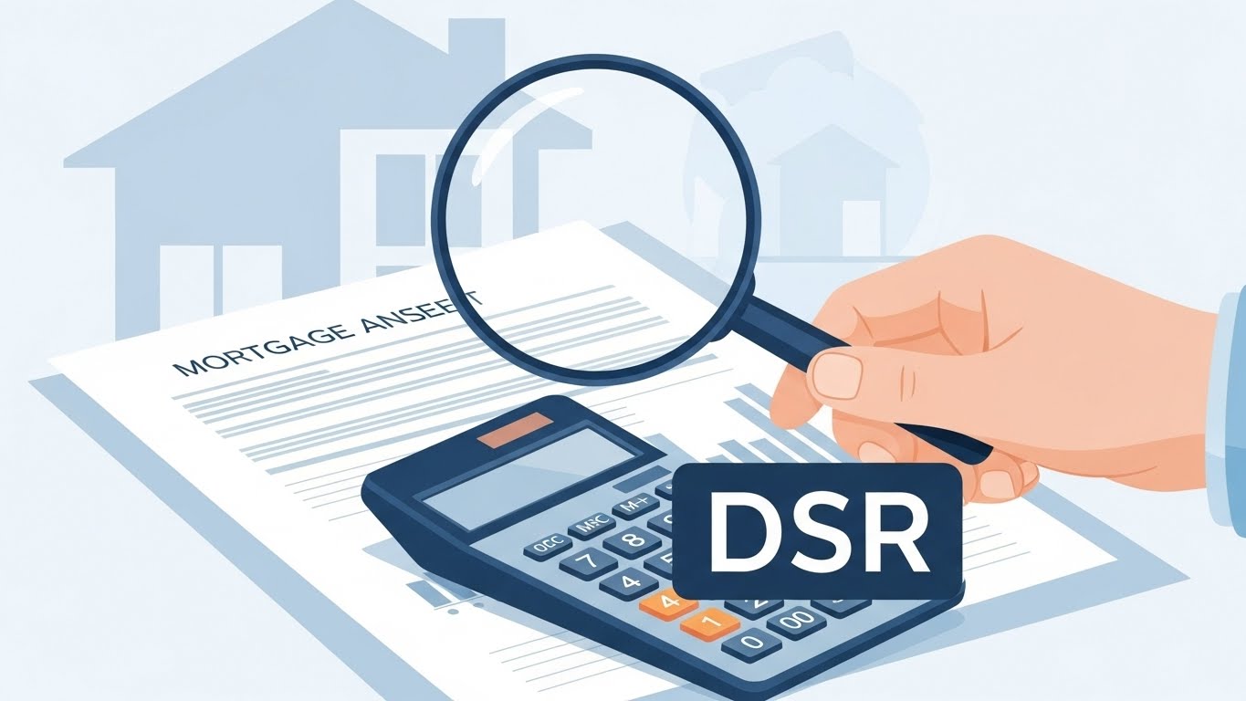 복잡한 대출 서류와 계산기, DSR 글자를 확대한 손 이미지를 통해 2026년 강화되는 주택담보대출 규제와 심사를 표현합니다.