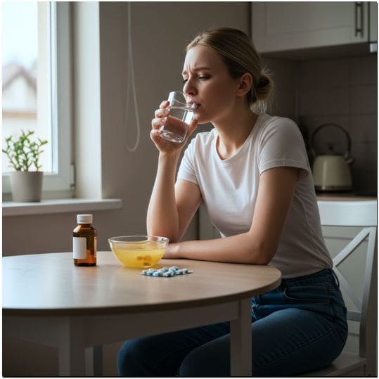 임파선염 치료, 항생제 복용하는 여성 사진