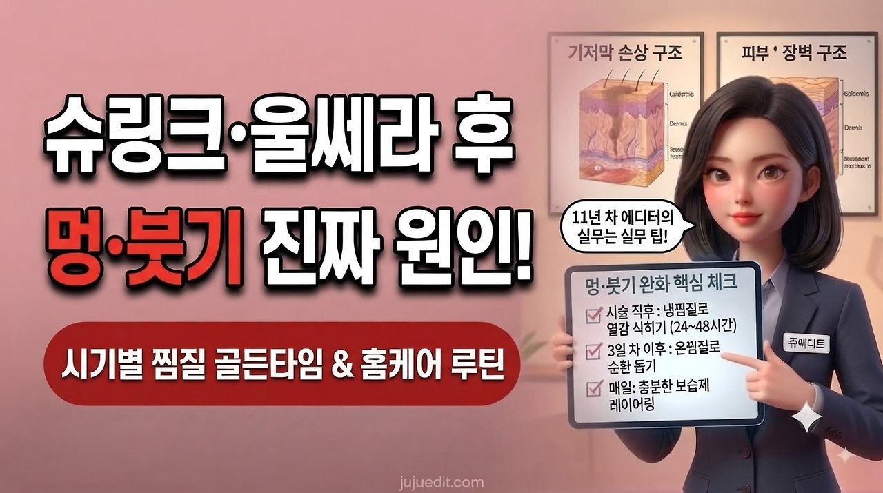 슈링크&middot;울쎄라 시술 후 멍과 부기의 진짜 원인과 시기별 찜질 골든타임을 안내하는 쥬에디트 3D 인포그래픽 이미지
