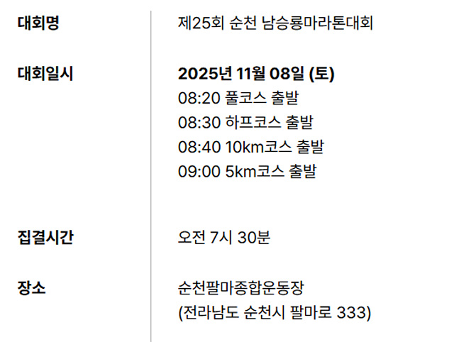 제25회 순천 남승룡 마라톤 대회일정 접수 방법 참가자격 코스별 지도