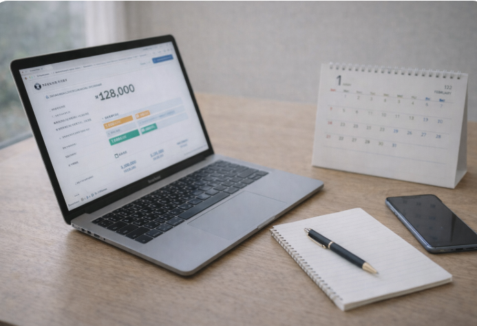 연초 세제혜택을 확인하기 위해 노트북 화면을 보며 달력과 메모장을 함께 정리하는 책상 위 장면입니다.