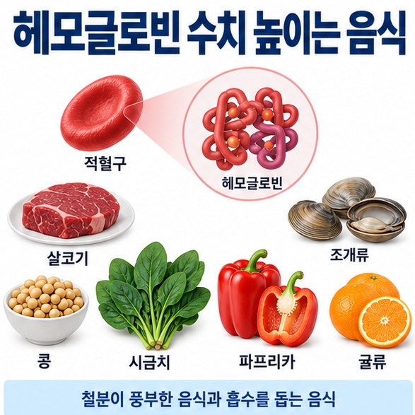 헤모글로빈 수치 높이는 음식 문구와 살코기 조개 콩 시금치 비타민 C 과일을 함께 보여주는 대표 인포그래픽