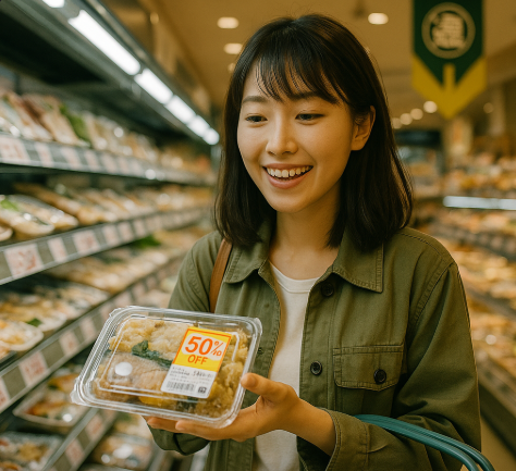 식비 절감을 위해 슈퍼마켓 할인 제품을 고르는 모습입니다.