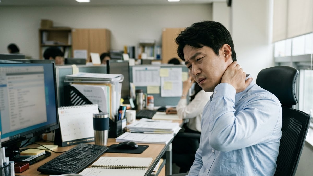 교통사고 후 목 통증으로 뒷목을 잡고 있는 직장인