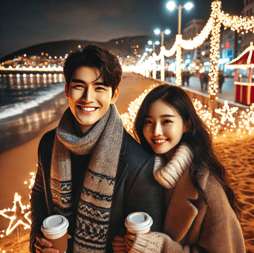 부산 해운대 크리스마스 조명과 바다의 낭만